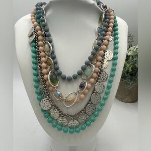 Gypsy Bohemian Hippie Multi Waterfall Necklace pastel Silver‎ tone “sugar rush”